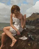 Message in a Bottle by Ernest Vincent Wood III American, oil on canvas board, sold Aug 2021