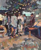 Arthur K. Maderson, The Night Market, Le Vigan, mixed media on board
