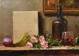 Mat Grogan, Still Life - Wine and Roses, oil on board