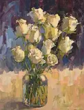 Nia MacKeown, Glass Jar and White Roses, oil on board