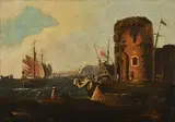 William Sadler II, Levantine Port Scene with Figures in the Foreground, Martello Tower and Boats Beyond