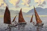Ivan Sutton, Galway Hookers, Homeward Bound, Clifden Bay, Co. Galway, oil on board