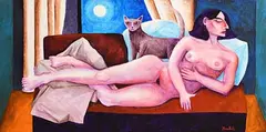 Graham Knuttel, Girl with Cat, oil on canvas