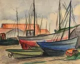 Norah McGuinness, The Boat Yard, mixed media on paper