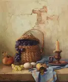 Robert Chailloux French, Wicker Basket, Fruit and Candlestick