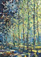 Arthur K. Maderson, Poplars, Early Morning, Powys, oil on board