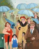 Les Vrais Parapluies by John Schwatschke, oil on canvas, sold May 2021