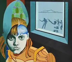 Marian Jeffares, Men of Violence, oil on board