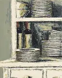 Yvonne Moore, Two Wine Bottles and Stacked Dishes, oil on canvas
