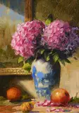 Mat Grogan, Hydrangeas in Blue Vase, oil on board