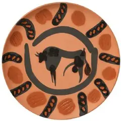 Taureau, Marli aux Feuilles (Bull, with rim decorated with leaves) by Pablo Picasso Spanish, 1957, Madoura earthenware clay plate, with black 'engobe' decoration and knife engraving under brushed glaze - number 43 from , sold Apr 2021