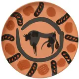 Pablo Picasso Spanish, Taureau, Marli aux Feuilles (Bull, with rim decorated with leaves), 1957, Madoura earthenware clay plate, with black 'engobe' decoration and knife engraving under brushed glaze - number 43 from an edition of 250