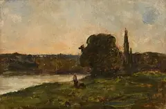 Landscape with Figures, Trees and River by Nathaniel Hone, oil on canvas laid on board, sold Apr 2021