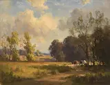 Figure and Cattle in Evening Light by Frank McKelvey, oil on canvas, sold Apr 2021