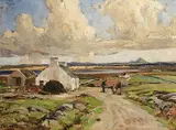 Figures on a Path before a Cottage, Bay and Mountains Beyond by James Humbert Craig, oil on board, sold Apr 2021
