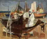 Fisherman Repairing Nets by George Campbell, oil on canvas, sold Apr 2021
