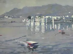 Ken Howard, Morning Reflection, Lake Palace Hotel, oil on canvas board
