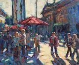 Norman Teeling, Flower Sellers College Green, oil on board