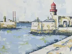 Yvonne Moore, East and West Pier Dun Laoghaire with Pigeon House, oil on canvas