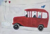 Annora Spence, The Red Bus, mixed media on card