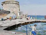 Stephen Cullen, Seapoint Martello Tower and Beach, oil on canvas board