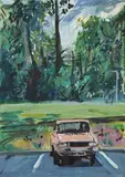 Mick O'Dea, Parked Car at the Belfield Campus Running Track, oil on paper laid on board