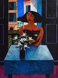 Lady with Cat by Graham Knuttel, oil on canvas, sold Jan 2021