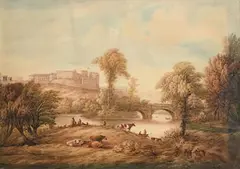George Barrett Snr, Countryside Scene with Hilltop Castle, 1774, watercolour