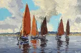 Ivan Sutton, Becalmed Galway Hookers, Greatman's Bay, Galway, oil on canvas board