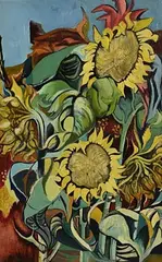Marian Jeffares, Sunflowers, oil on board