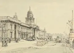 Patrick Hall, Custom's House Quay, Dublin, charcoal and watercolour