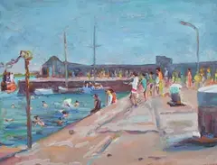 Swimming, at the Pier by James O'Halloran, 1989, oil on board, sold Nov 2020