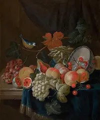 Charles Collins, Still Life with Grapes, Peaches, Plums and other Fruit, a Porcelain Bowl, and a Blue Tit, all on a Draped Table, 1729, oil on canvas