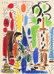 L'Atelier de Cannes, cover for 'Ces peintres nos amis, Vol. II' by Pablo Picasso Spanish, lithograph in colours on Arches paper, first produced in 1956 as a frontispiece for the book 'Dans l'Atelier de Picasso', sold Nov 2020