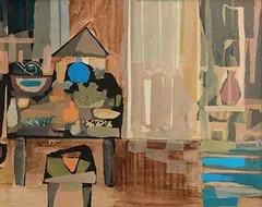 Still Life - Table and Door by Arthur Armstrong, collage and mixed media on board, sold Oct 2020