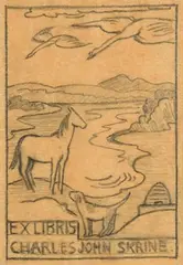 Bookplate Design for Charles John Skrine with Achill Horse, Hound, Bee Hive and Swans by Mainie Jellett, pencil drawing, sold Oct 2020
