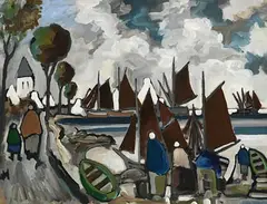Markey Robinson, Harbour and Shawlies, West of Ireland, gouache on board