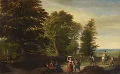 Antoine Mirou, Figures in a Wooded Landscape, oil on panel