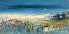 Fishing Boat with Moonlight by Nael Hanne, oil on board, sold Sep 2020