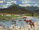 Maurice MacGonigal, Cattle and Sheep by the Stream, oil on canvas board