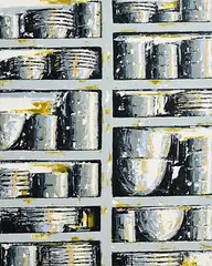 Stacked Dishes by Yvonne Moore, oil on canvas, offered Sep 2020