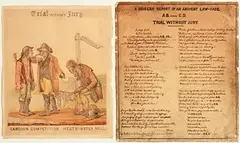 J. Halkett, To Donnybrook. A Modern Report of an Ancient Law Case, 19th Century watercolour, illustrating two Irishmen fighting over an oyster and being tricked out of it by a magistrate. The handwritten narrative along with an earlier draft (verso) accompanies the watercolour. fighting over an oyster and being trick