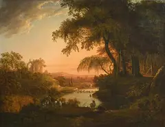 Nathaniel Grogan, River Scene with Classical Ruins and Animals, oil on canvas