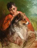 Henry Jones Thaddeus, Portrait of the Artist's Son, Freddy Thaddeus, Born 1884 with the Family Dog, Ra, oil on canvas