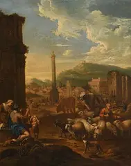 Michiel Carree, Italian Market Scene with Classical Ruins, oil on canvas
