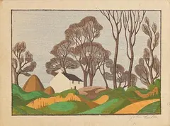 Farm House, Ballyaghagan by John Luke, 1940, coloured woodcut, sold Jul 2020