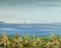 Maria Simonds-Gooding, Wheat Sheaves and Skellig Michael, oil on canvas
