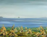Maria Simonds-Gooding, Wheat Sheaves and Skellig Michael, oil on canvas