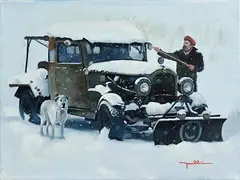 Snow Plough by Mike Hamblin Amercian, oil on canvas, sold Jul 2020