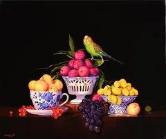 Patrick Devaud, La Perruche Aux Fruits, oil on panel